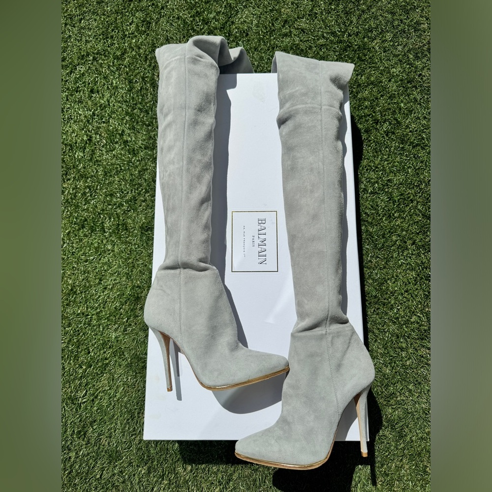 $3K Balmain 110 Catherine Stretch Over The Knee Thigh High Gray Suede Boots 36.5